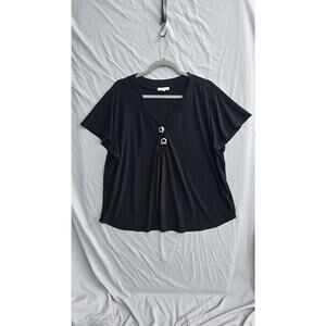 89th + Madison Blouse Womens 1X Black V Neck Short Sleeve Stretch Jersey Top